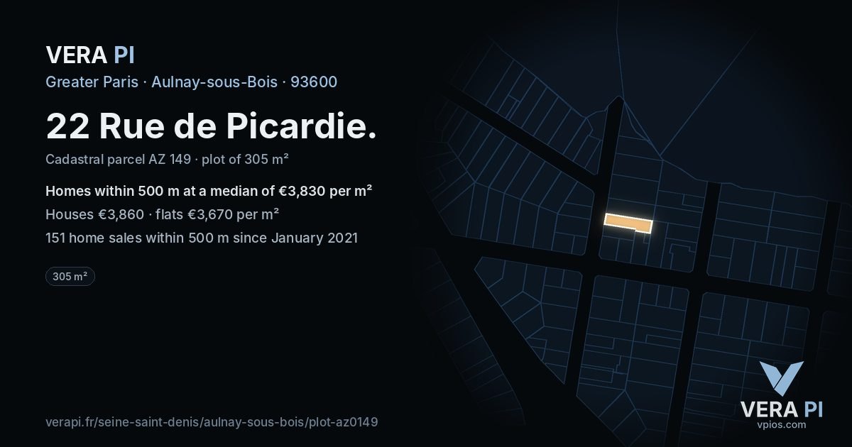 22 Rue de Picardie, Aulnay-sous-Bois at night – the plot lit, the parcels around coloured by the prices near them