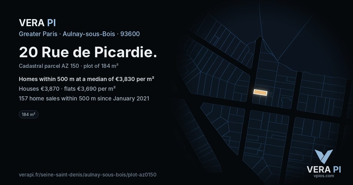 20 Rue de Picardie, Aulnay-sous-Bois at night – the plot lit, the parcels around coloured by the prices near them