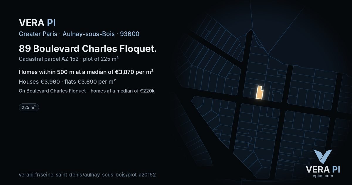89 Boulevard Charles Floquet, Aulnay-sous-Bois at night – the plot lit, the parcels around coloured by the prices near them