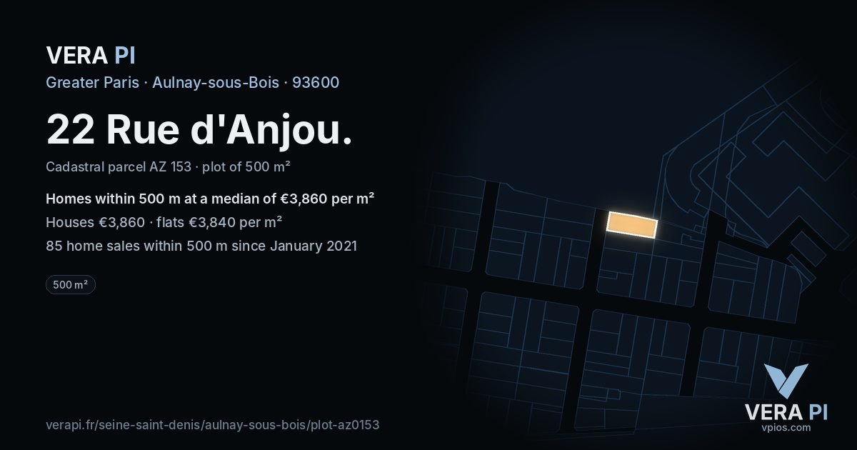 22 Rue d'Anjou, Aulnay-sous-Bois at night – the plot lit, the parcels around coloured by the prices near them