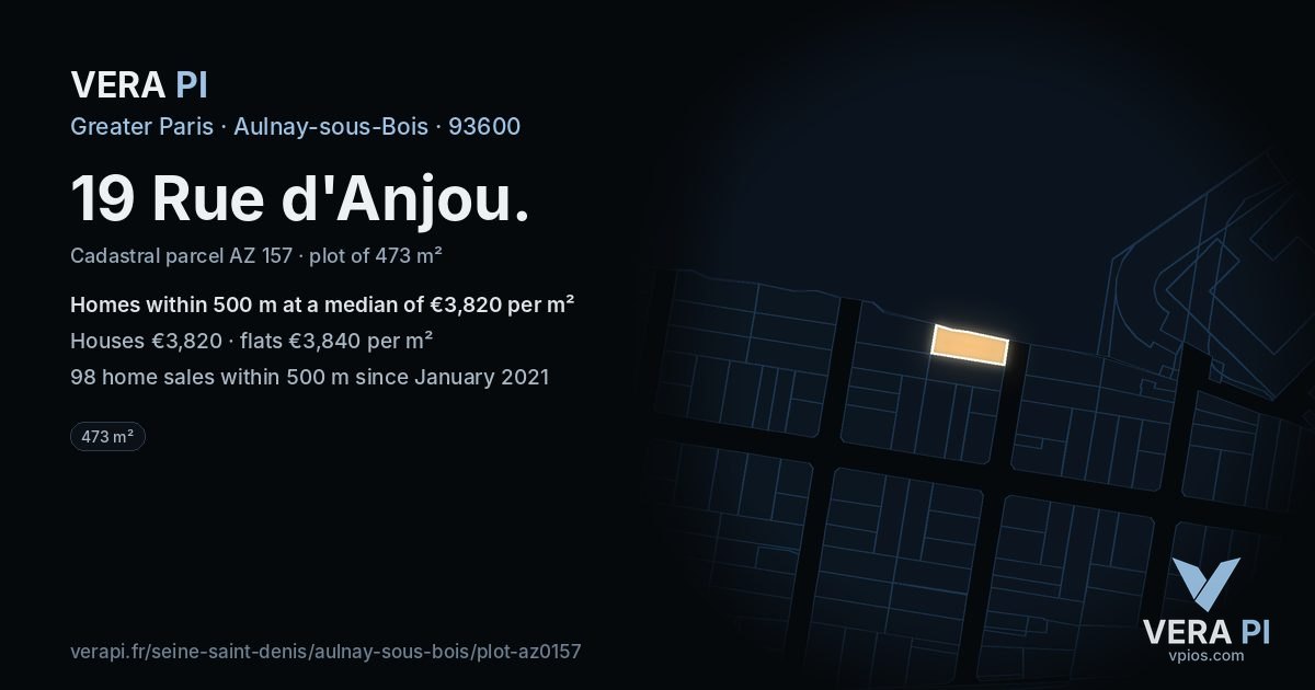 19 Rue d'Anjou, Aulnay-sous-Bois at night – the plot lit, the parcels around coloured by the prices near them