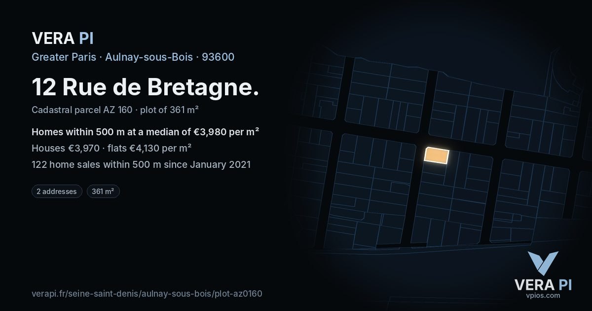 12 Rue de Bretagne, Aulnay-sous-Bois at night – the plot lit, the parcels around coloured by the prices near them