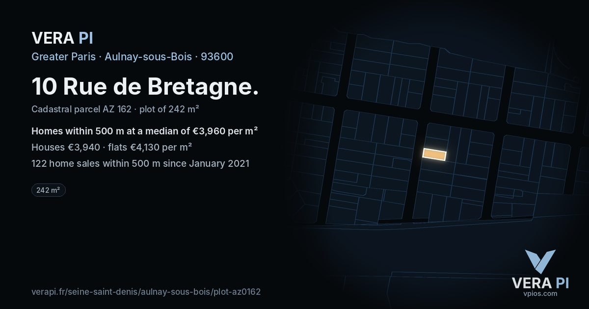 10 Rue de Bretagne, Aulnay-sous-Bois at night – the plot lit, the parcels around coloured by the prices near them