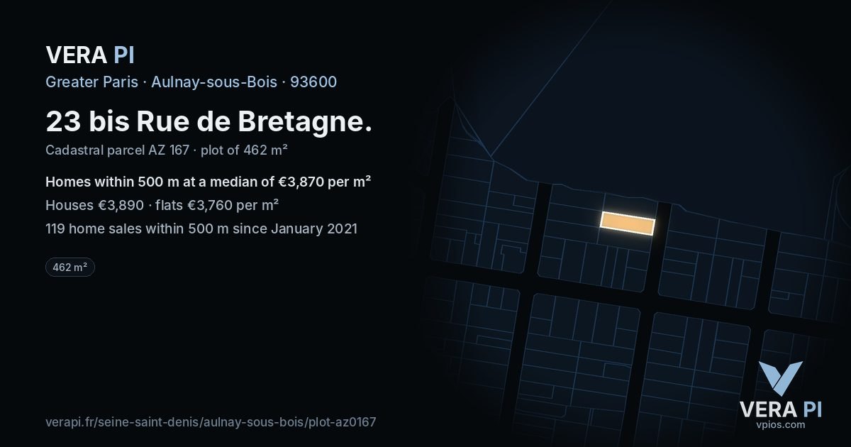 23 bis Rue de Bretagne, Aulnay-sous-Bois at night – the plot lit, the parcels around coloured by the prices near them