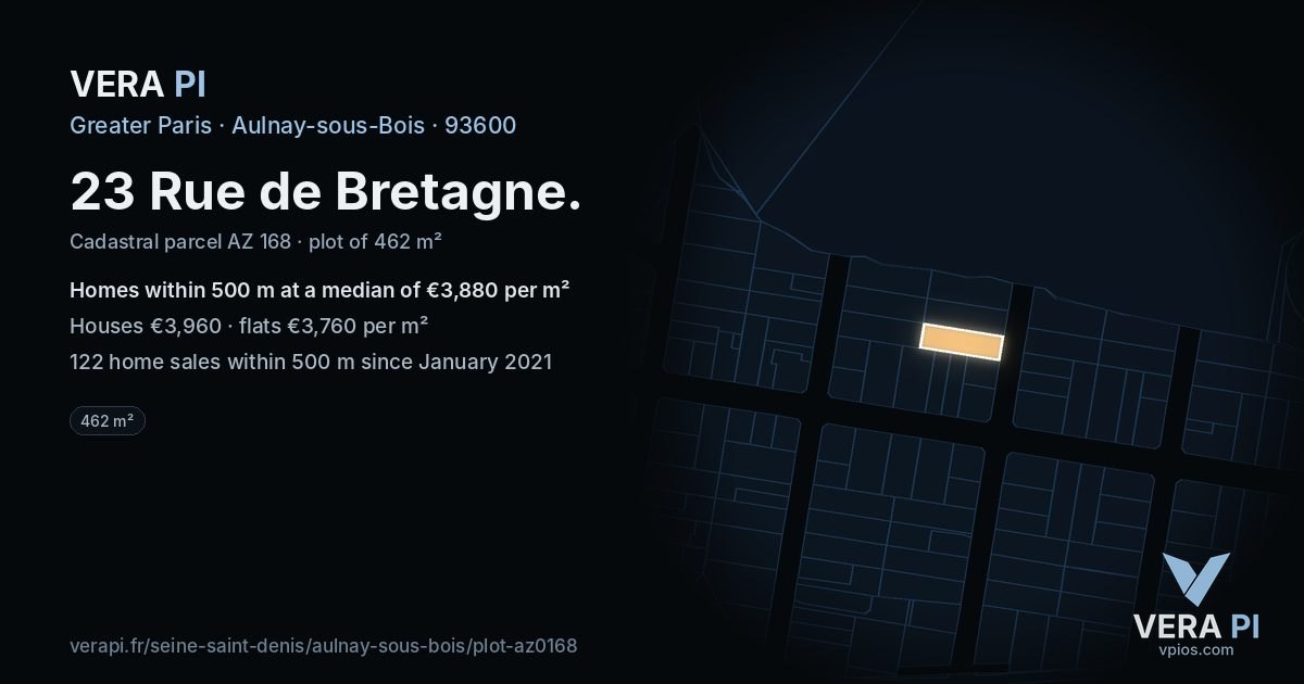 23 Rue de Bretagne, Aulnay-sous-Bois at night – the plot lit, the parcels around coloured by the prices near them