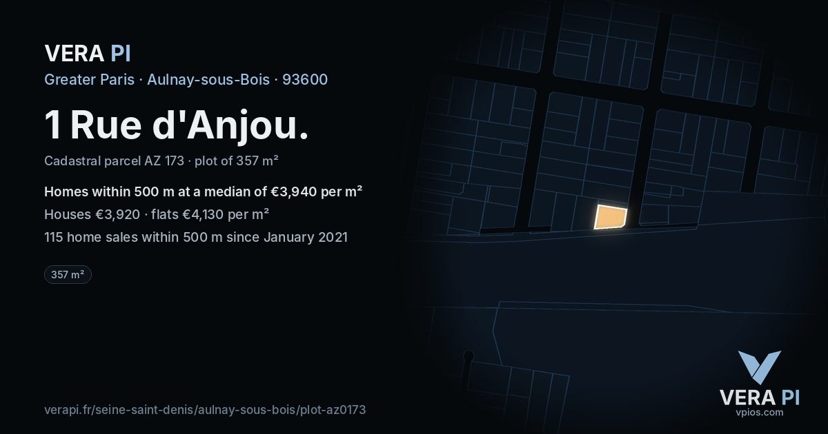 1 Rue d'Anjou, Aulnay-sous-Bois at night – the plot lit, the parcels around coloured by the prices near them