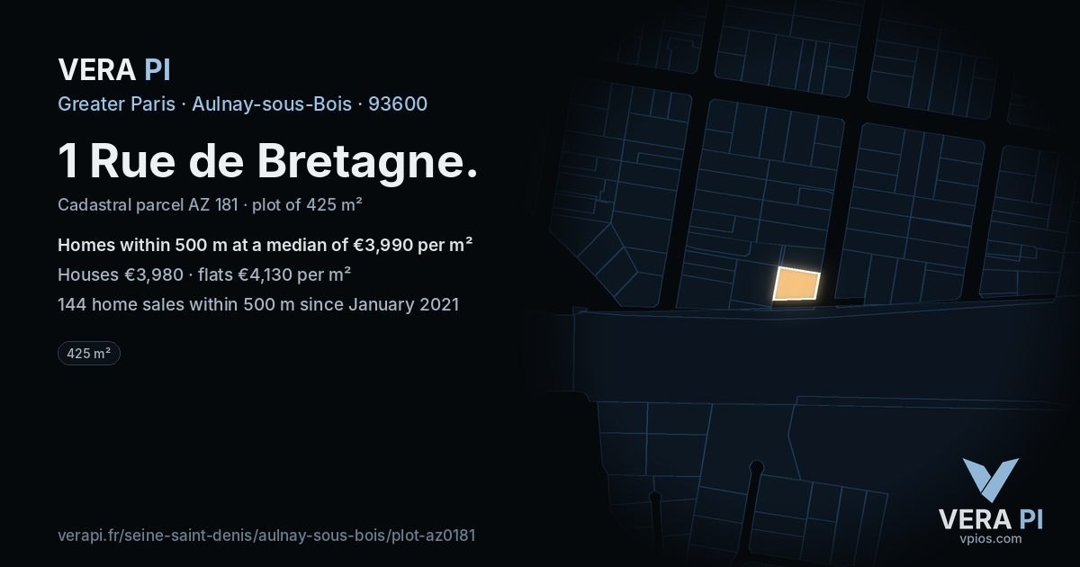 1 Rue de Bretagne, Aulnay-sous-Bois at night – the plot lit, the parcels around coloured by the prices near them