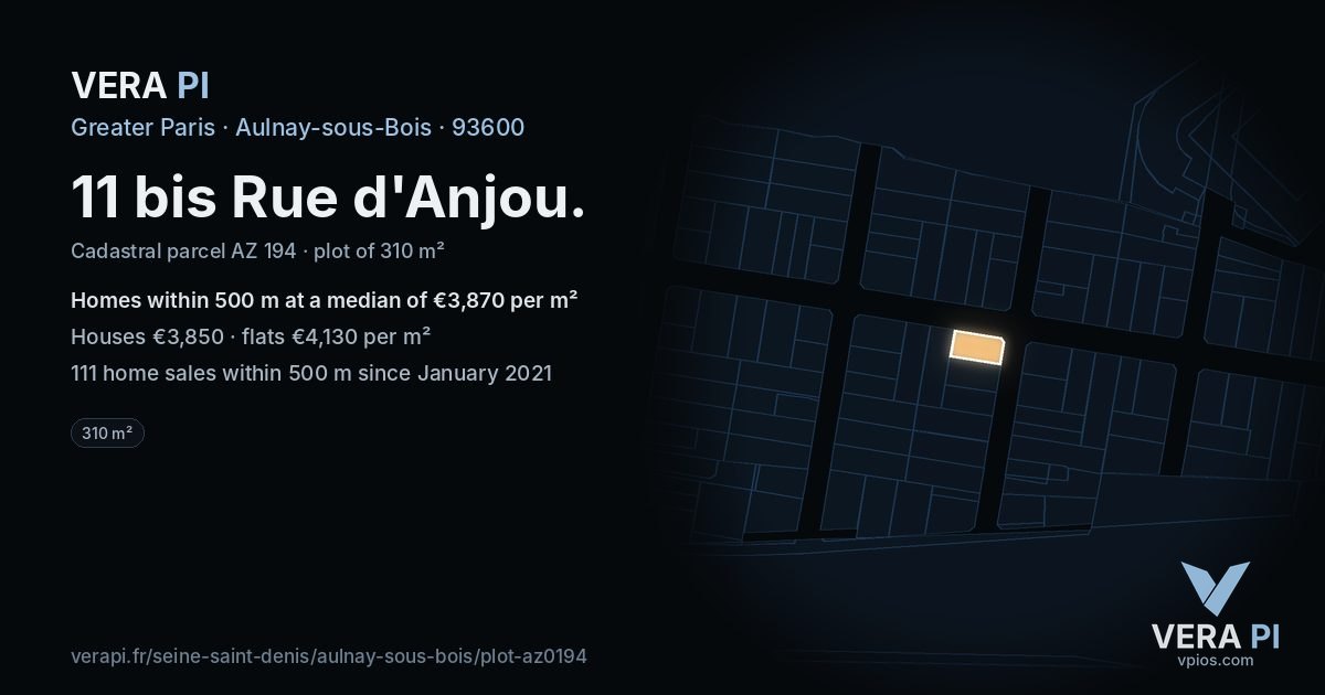 11 bis Rue d'Anjou, Aulnay-sous-Bois at night – the plot lit, the parcels around coloured by the prices near them
