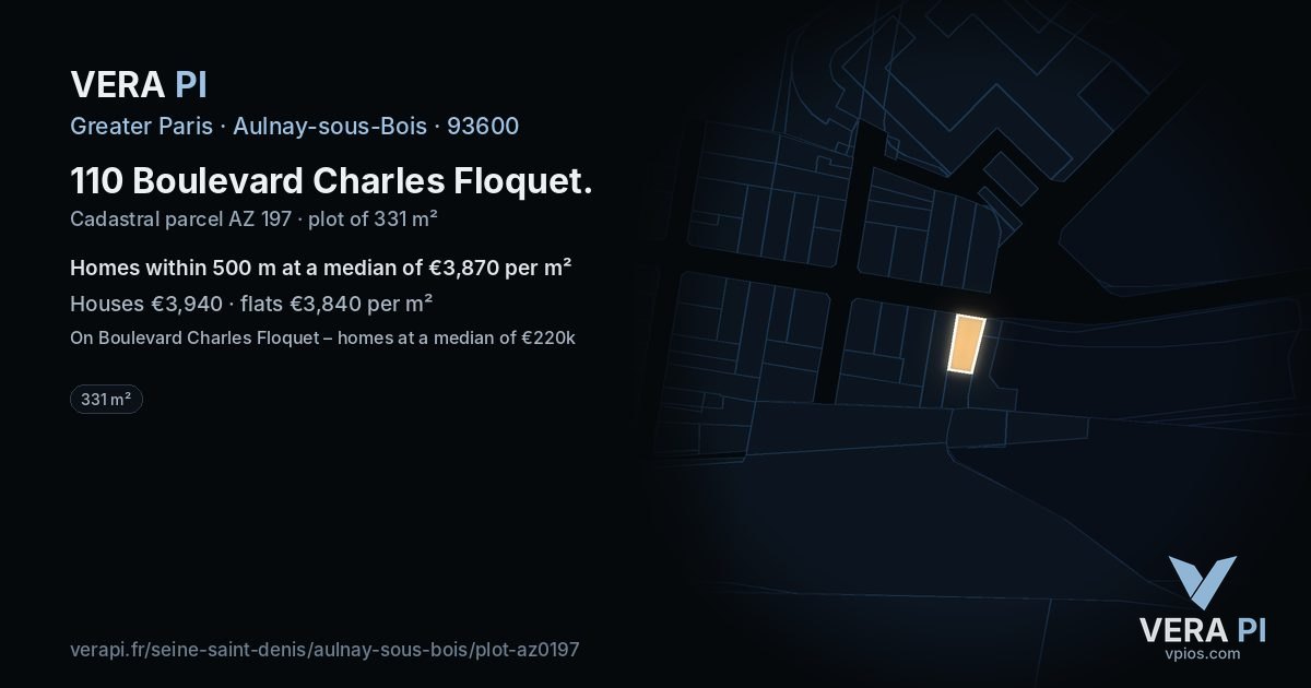 110 Boulevard Charles Floquet, Aulnay-sous-Bois at night – the plot lit, the parcels around coloured by the prices near them