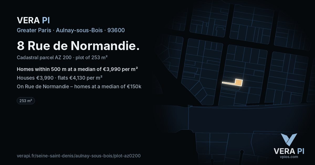 8 Rue de Normandie, Aulnay-sous-Bois at night – the plot lit, the parcels around coloured by the prices near them