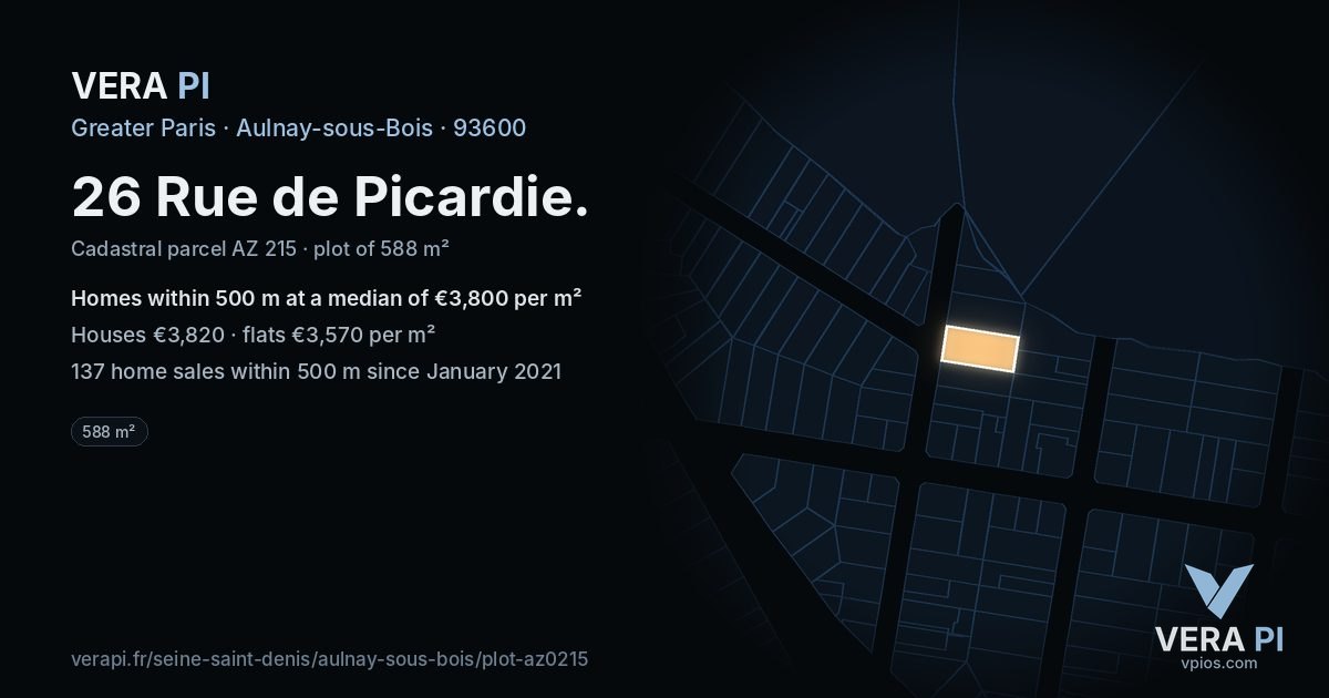 26 Rue de Picardie, Aulnay-sous-Bois at night – the plot lit, the parcels around coloured by the prices near them