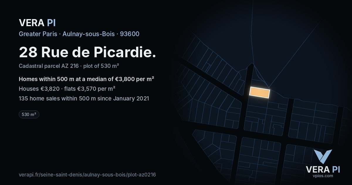 28 Rue de Picardie, Aulnay-sous-Bois at night – the plot lit, the parcels around coloured by the prices near them