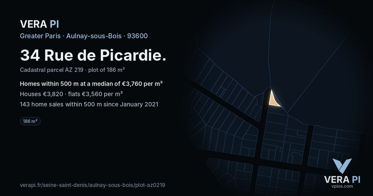34 Rue de Picardie, Aulnay-sous-Bois at night – the plot lit, the parcels around coloured by the prices near them