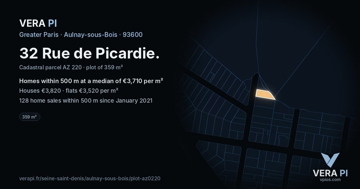 32 Rue de Picardie, Aulnay-sous-Bois at night – the plot lit, the parcels around coloured by the prices near them