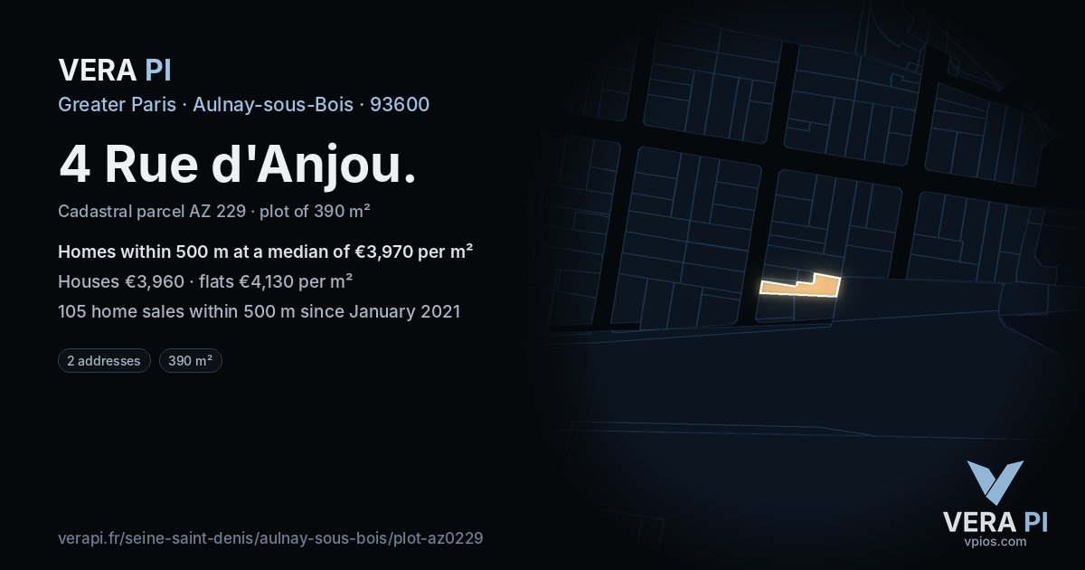 4 Rue d'Anjou, Aulnay-sous-Bois at night – the plot lit, the parcels around coloured by the prices near them