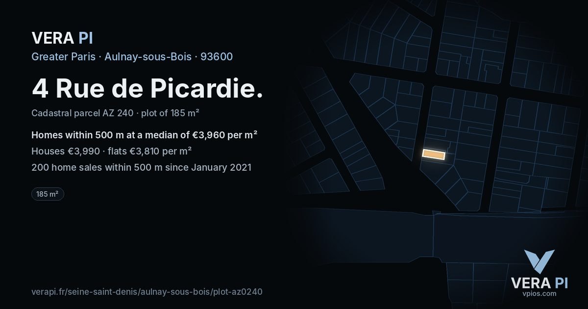 4 Rue de Picardie, Aulnay-sous-Bois at night – the plot lit, the parcels around coloured by the prices near them