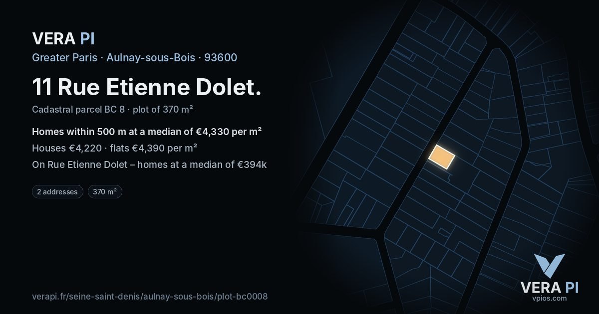 11 Rue Etienne Dolet, Aulnay-sous-Bois at night – the plot lit, the parcels around coloured by the prices near them