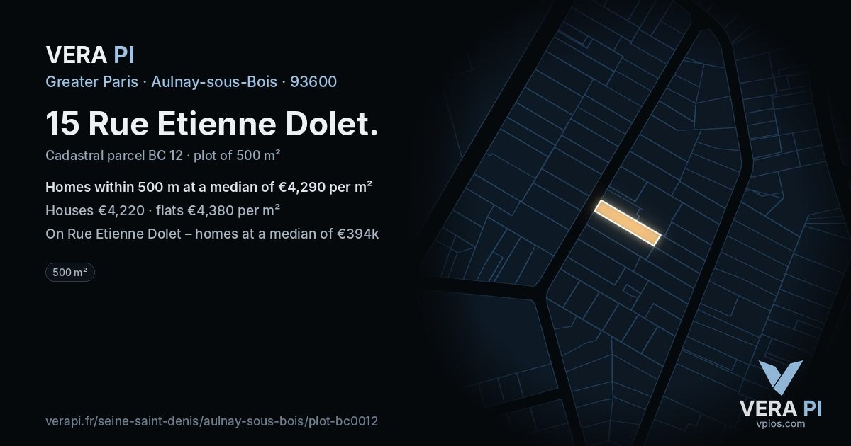 15 Rue Etienne Dolet, Aulnay-sous-Bois at night – the plot lit, the parcels around coloured by the prices near them