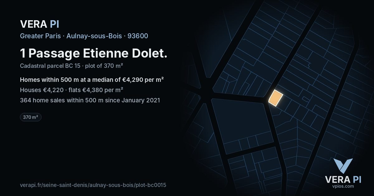 1 Passage Etienne Dolet, Aulnay-sous-Bois at night – the plot lit, the parcels around coloured by the prices near them