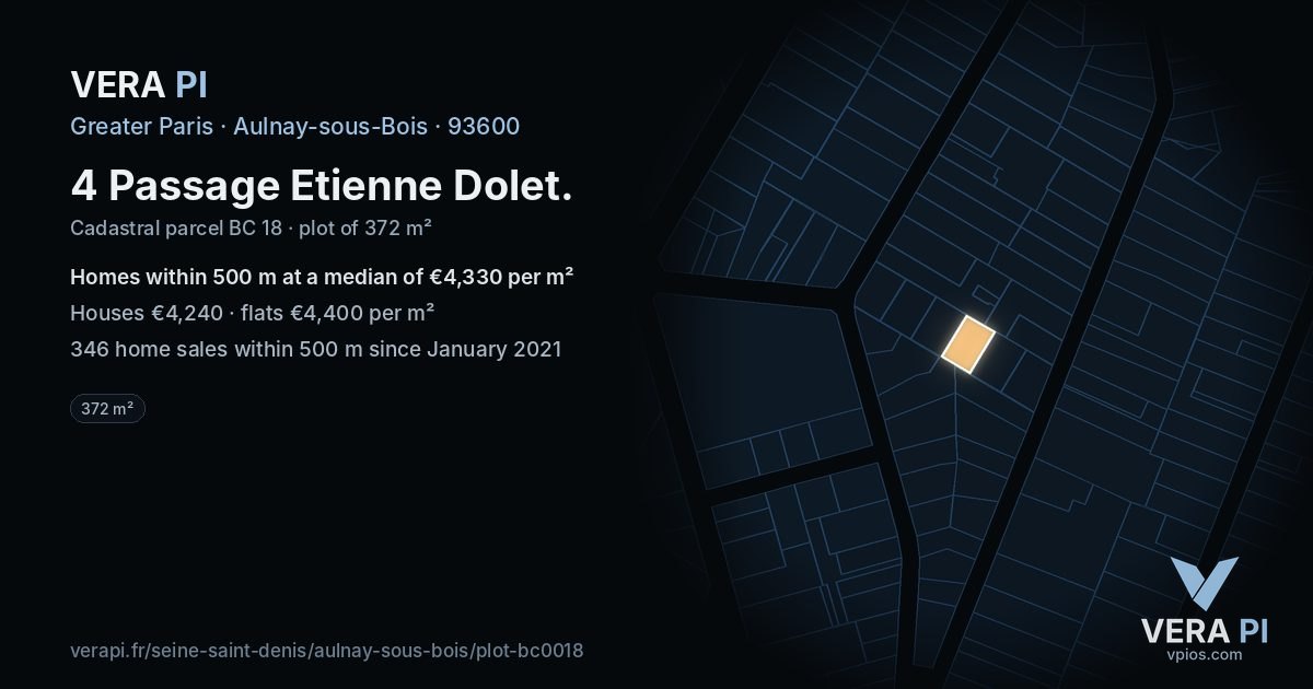 4 Passage Etienne Dolet, Aulnay-sous-Bois at night – the plot lit, the parcels around coloured by the prices near them