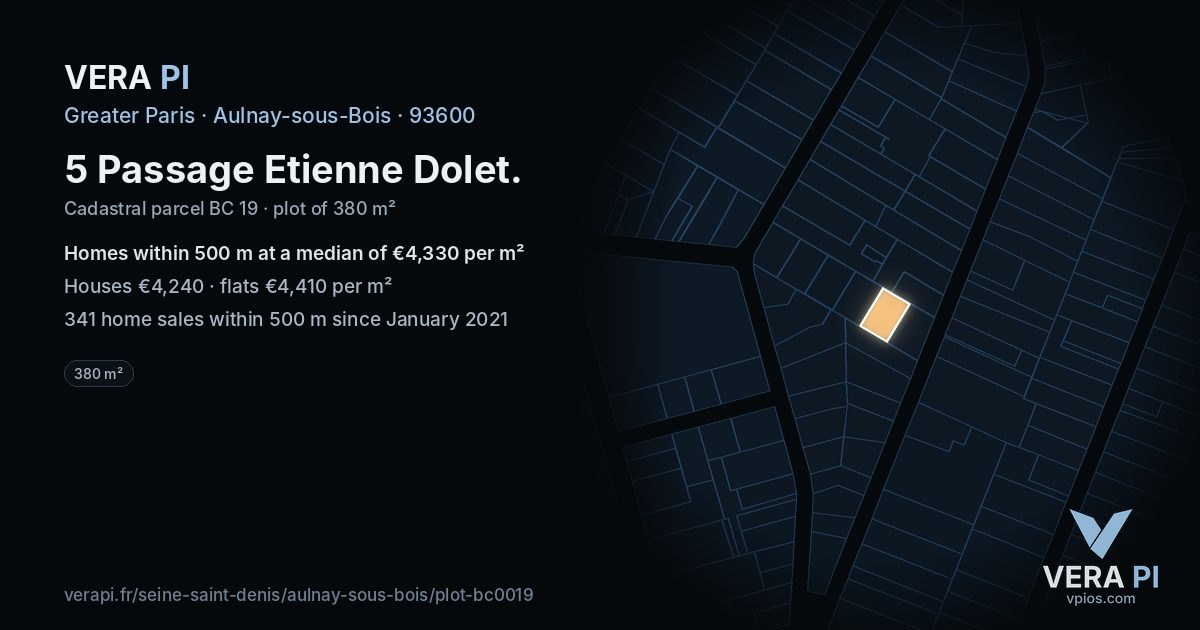 5 Passage Etienne Dolet, Aulnay-sous-Bois at night – the plot lit, the parcels around coloured by the prices near them