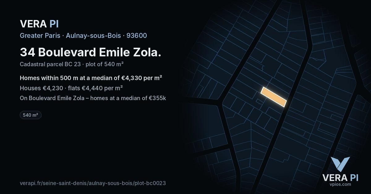 34 Boulevard Emile Zola, Aulnay-sous-Bois at night – the plot lit, the parcels around coloured by the prices near them