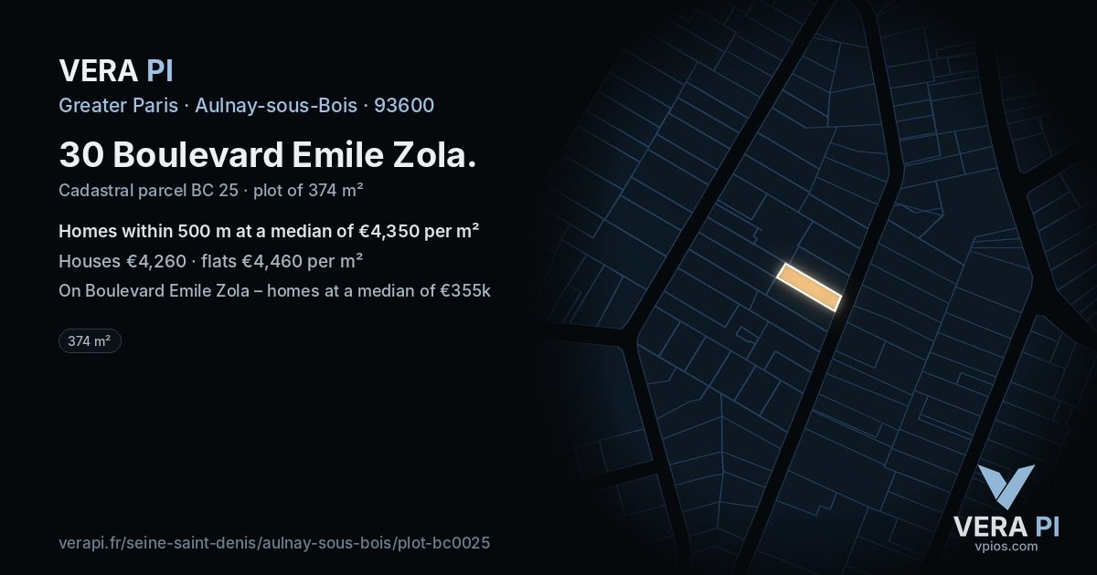 30 Boulevard Emile Zola, Aulnay-sous-Bois at night – the plot lit, the parcels around coloured by the prices near them