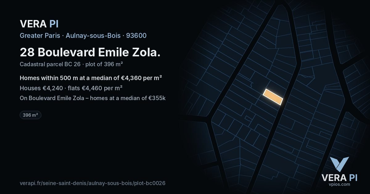 28 Boulevard Emile Zola, Aulnay-sous-Bois at night – the plot lit, the parcels around coloured by the prices near them