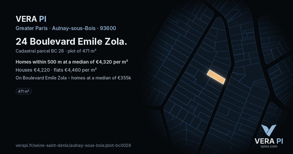24 Boulevard Emile Zola, Aulnay-sous-Bois at night – the plot lit, the parcels around coloured by the prices near them