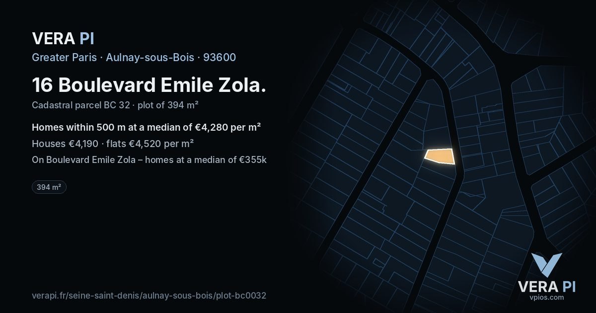 16 Boulevard Emile Zola, Aulnay-sous-Bois at night – the plot lit, the parcels around coloured by the prices near them