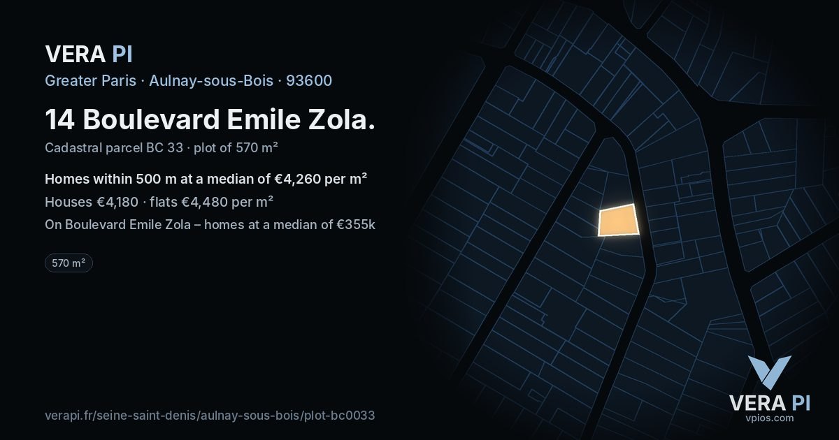 14 Boulevard Emile Zola, Aulnay-sous-Bois at night – the plot lit, the parcels around coloured by the prices near them