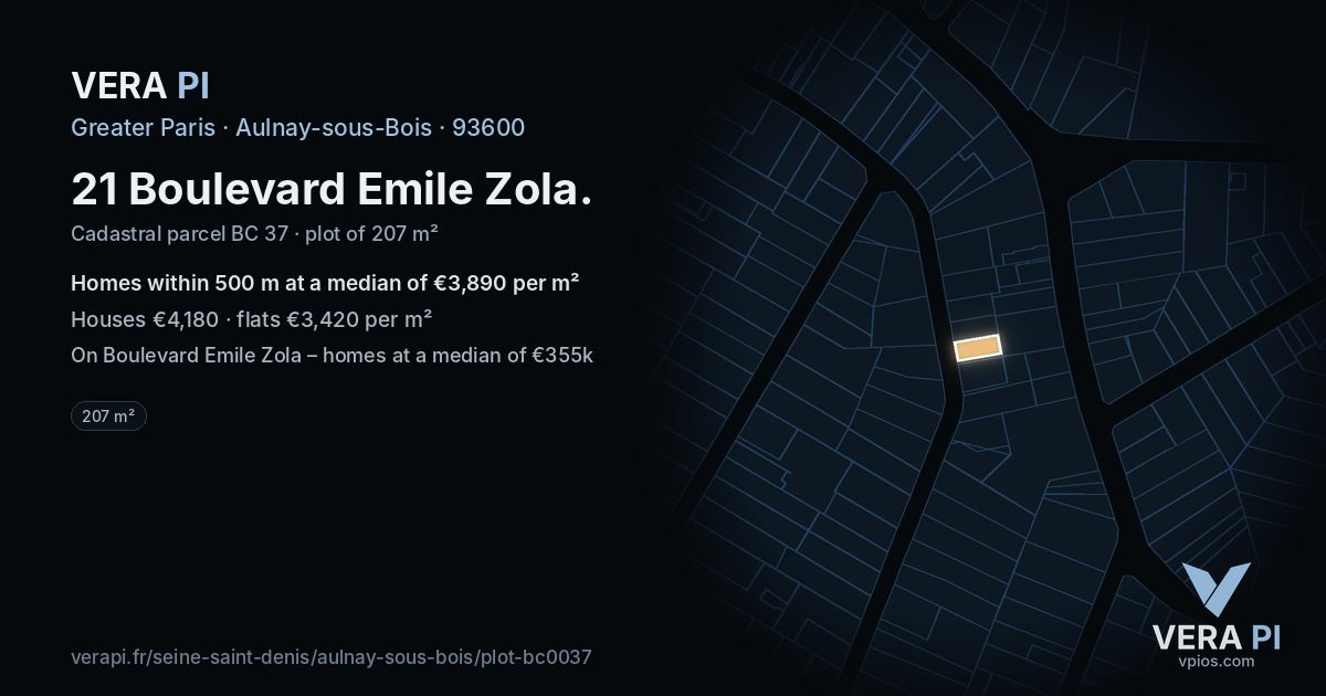 21 Boulevard Emile Zola, Aulnay-sous-Bois at night – the plot lit, the parcels around coloured by the prices near them