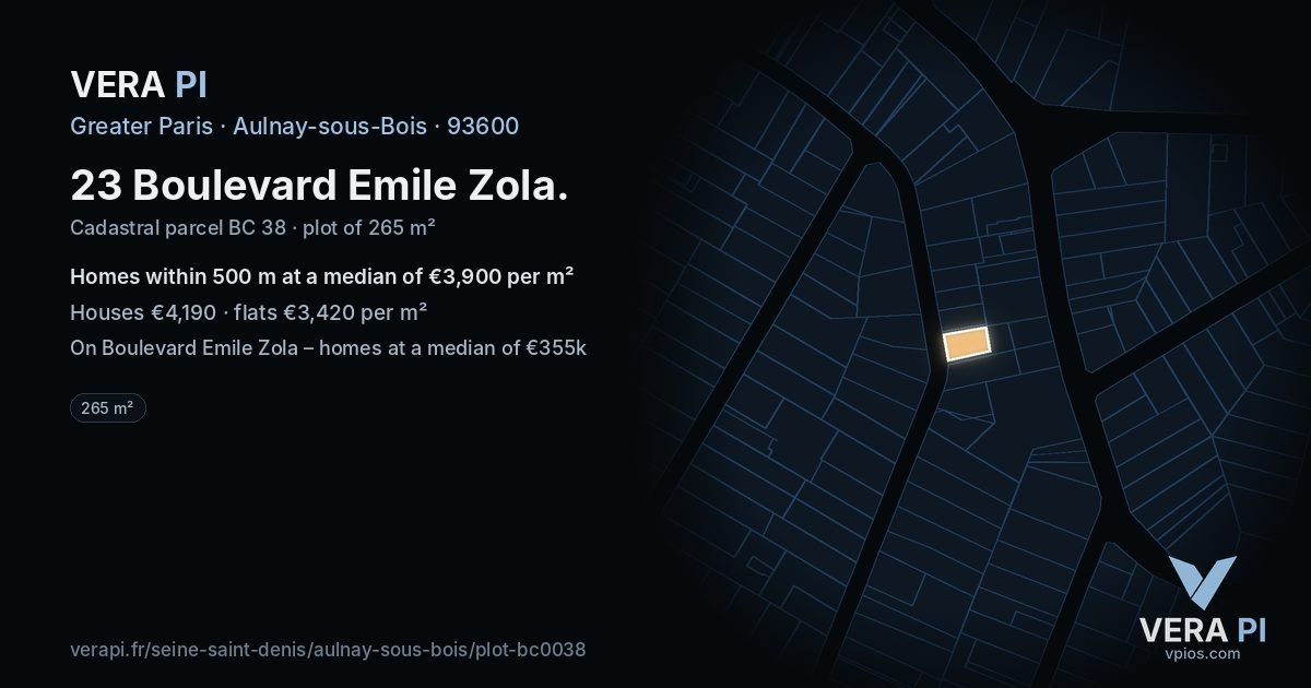 23 Boulevard Emile Zola, Aulnay-sous-Bois at night – the plot lit, the parcels around coloured by the prices near them