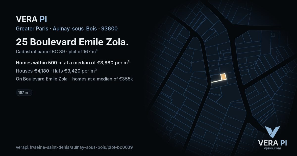 25 Boulevard Emile Zola, Aulnay-sous-Bois at night – the plot lit, the parcels around coloured by the prices near them