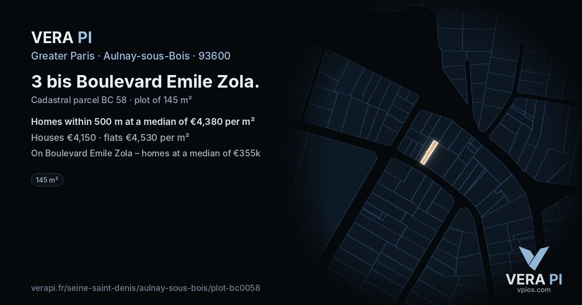 3 bis Boulevard Emile Zola, Aulnay-sous-Bois at night – the plot lit, the parcels around coloured by the prices near them