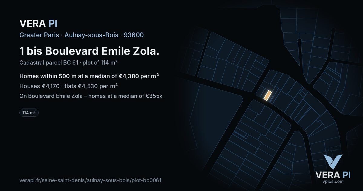1 bis Boulevard Emile Zola, Aulnay-sous-Bois at night – the plot lit, the parcels around coloured by the prices near them
