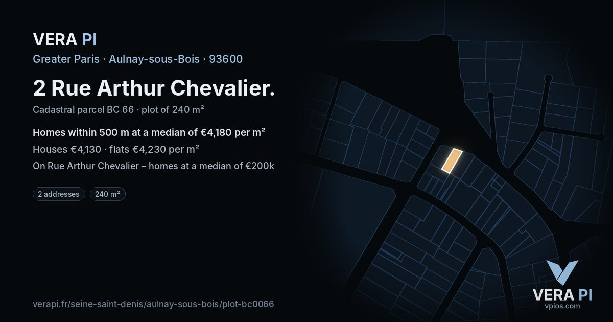 2 Rue Arthur Chevalier, Aulnay-sous-Bois at night – the plot lit, the parcels around coloured by the prices near them