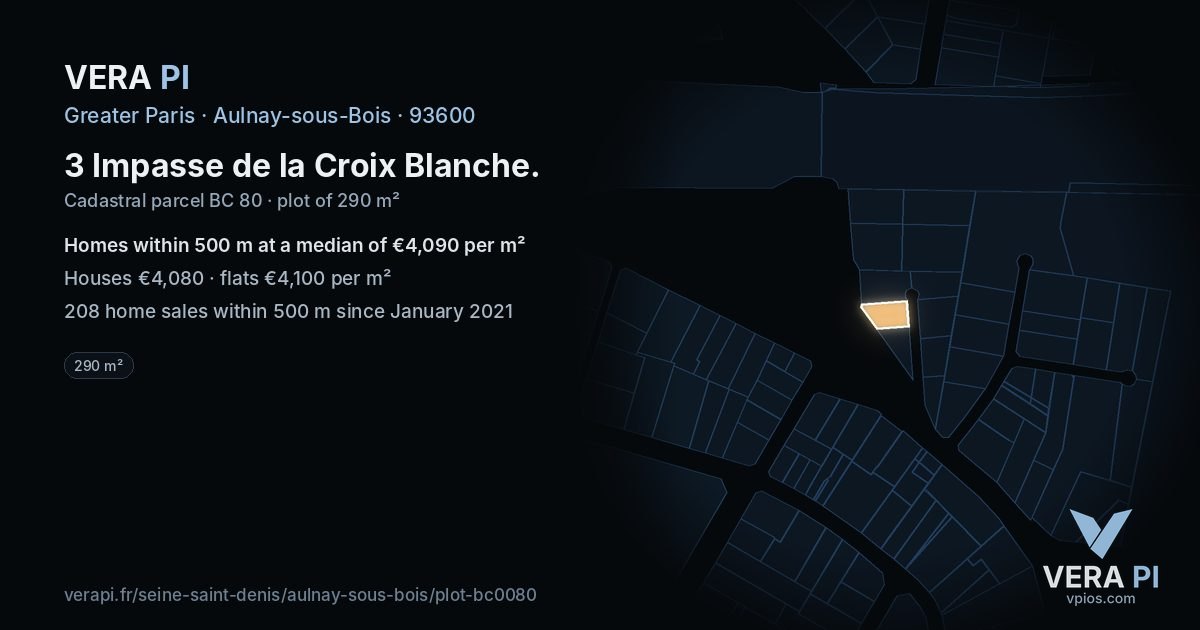 3 Impasse de la Croix Blanche, Aulnay-sous-Bois at night – the plot lit, the parcels around coloured by the prices near them