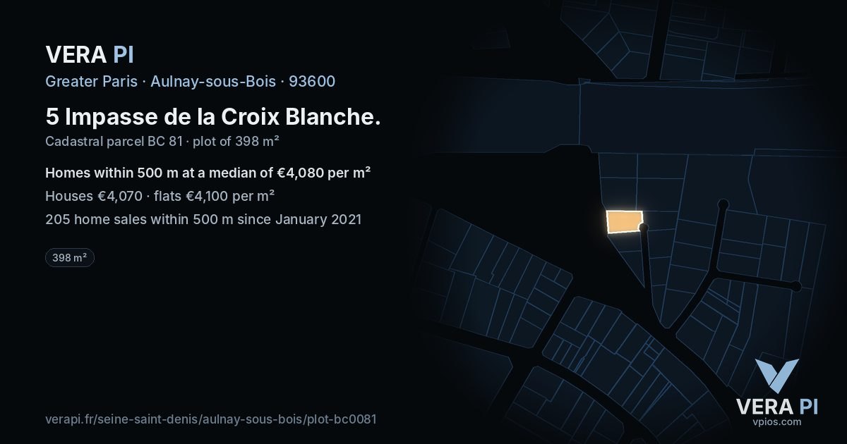 5 Impasse de la Croix Blanche, Aulnay-sous-Bois at night – the plot lit, the parcels around coloured by the prices near them