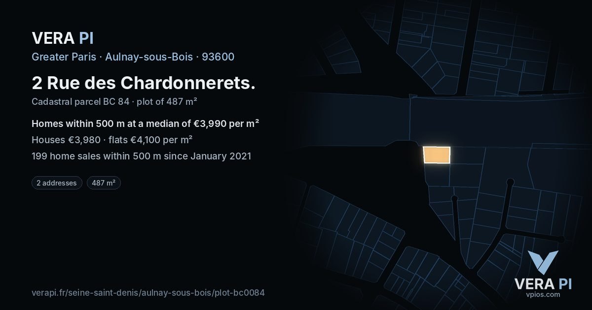2 Rue des Chardonnerets, Aulnay-sous-Bois at night – the plot lit, the parcels around coloured by the prices near them