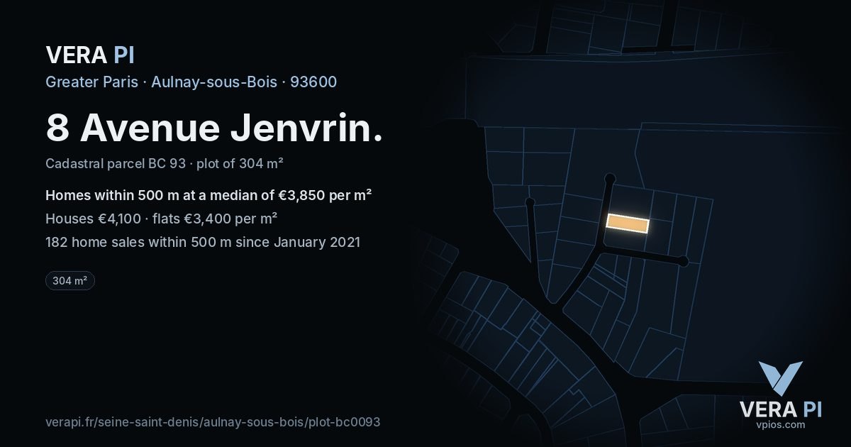 8 Avenue Jenvrin, Aulnay-sous-Bois at night – the plot lit, the parcels around coloured by the prices near them