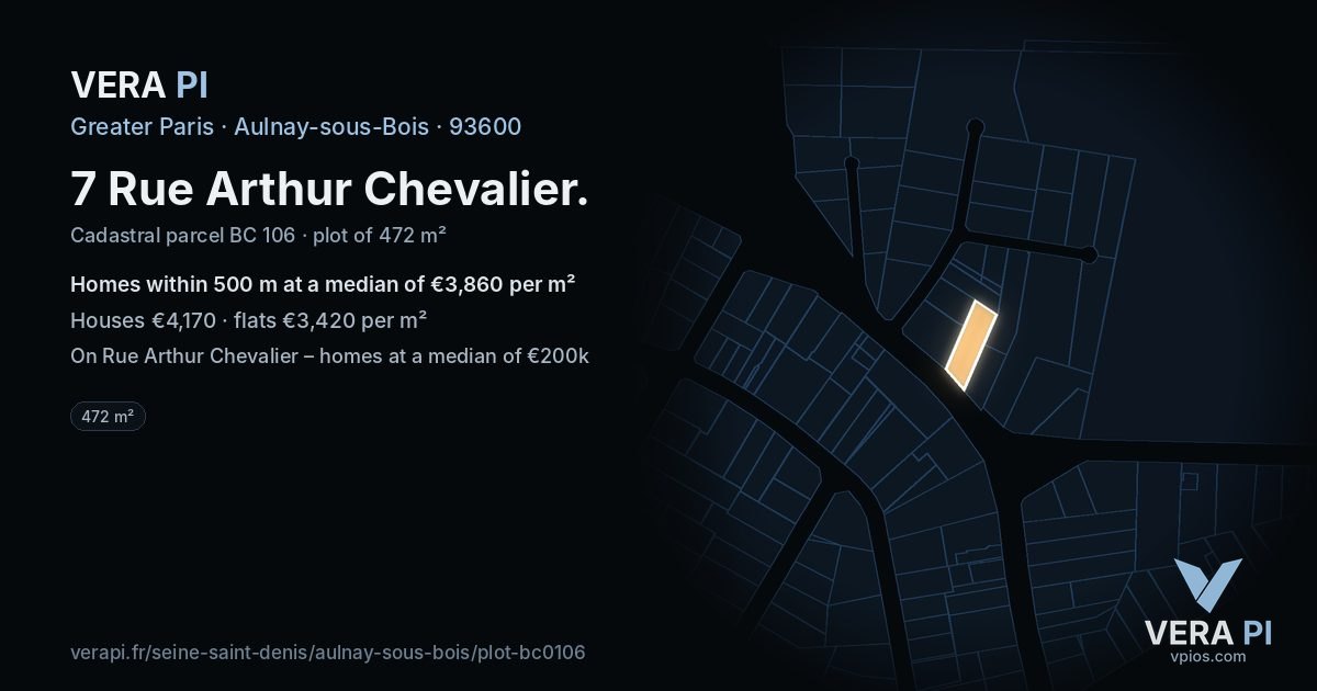 7 Rue Arthur Chevalier, Aulnay-sous-Bois at night – the plot lit, the parcels around coloured by the prices near them