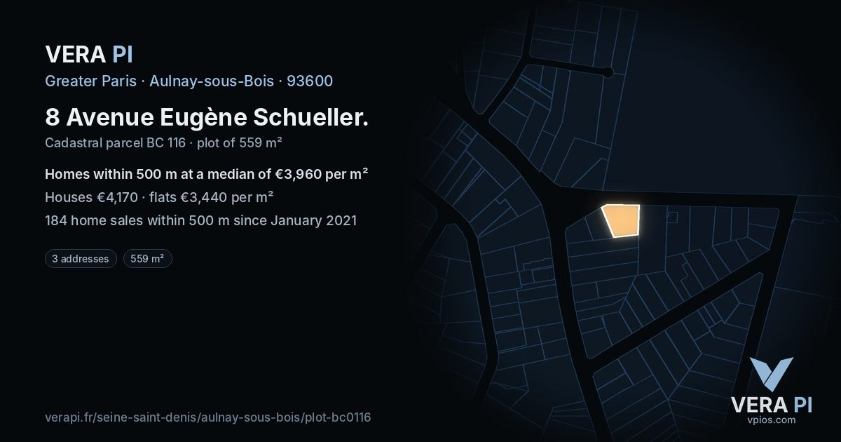 8 Avenue Eugène Schueller, Aulnay-sous-Bois at night – the plot lit, the parcels around coloured by the prices near them