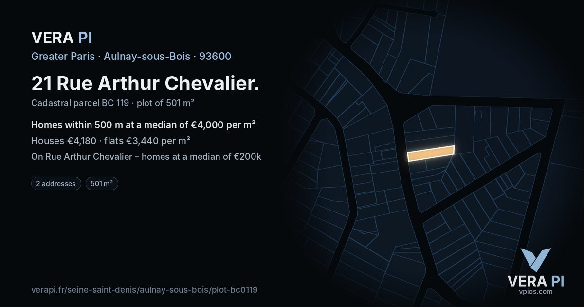 21 Rue Arthur Chevalier, Aulnay-sous-Bois at night – the plot lit, the parcels around coloured by the prices near them