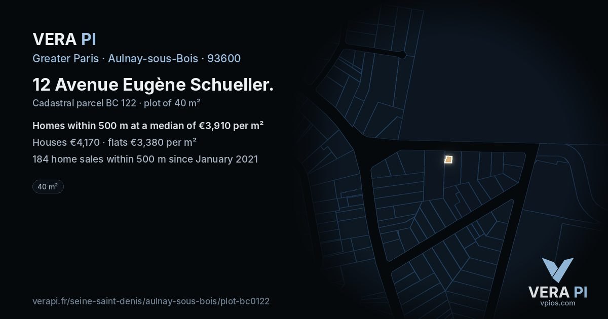 12 Avenue Eugène Schueller, Aulnay-sous-Bois at night – the plot lit, the parcels around coloured by the prices near them