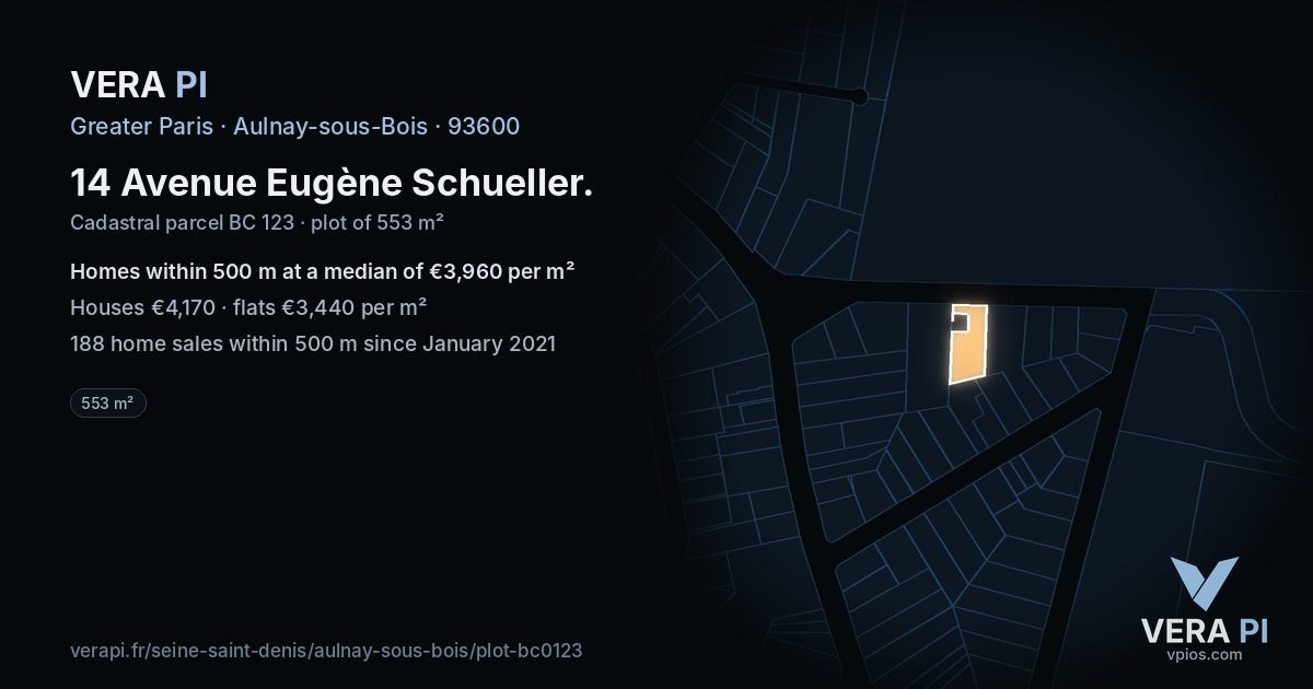 14 Avenue Eugène Schueller, Aulnay-sous-Bois at night – the plot lit, the parcels around coloured by the prices near them