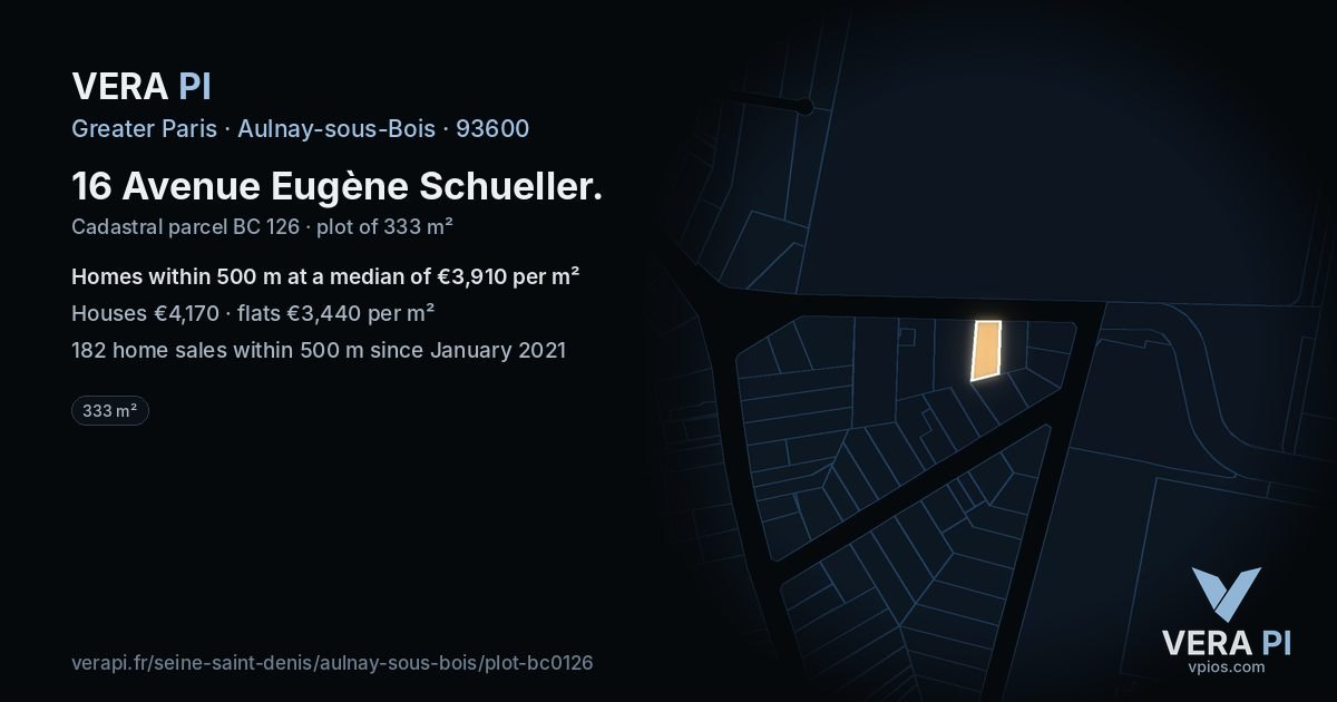 16 Avenue Eugène Schueller, Aulnay-sous-Bois at night – the plot lit, the parcels around coloured by the prices near them