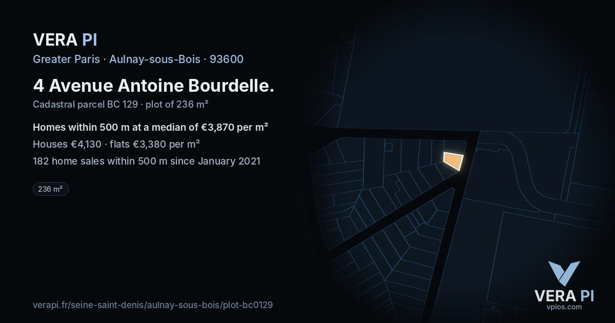 4 Avenue Antoine Bourdelle, Aulnay-sous-Bois at night – the plot lit, the parcels around coloured by the prices near them