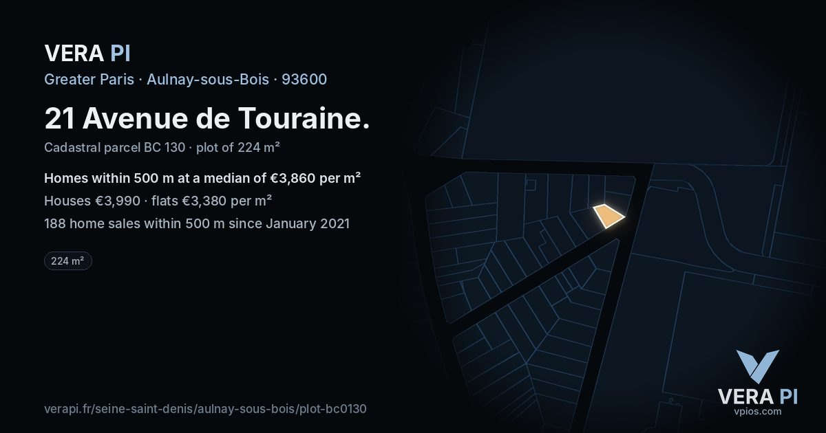 21 Avenue de Touraine, Aulnay-sous-Bois at night – the plot lit, the parcels around coloured by the prices near them