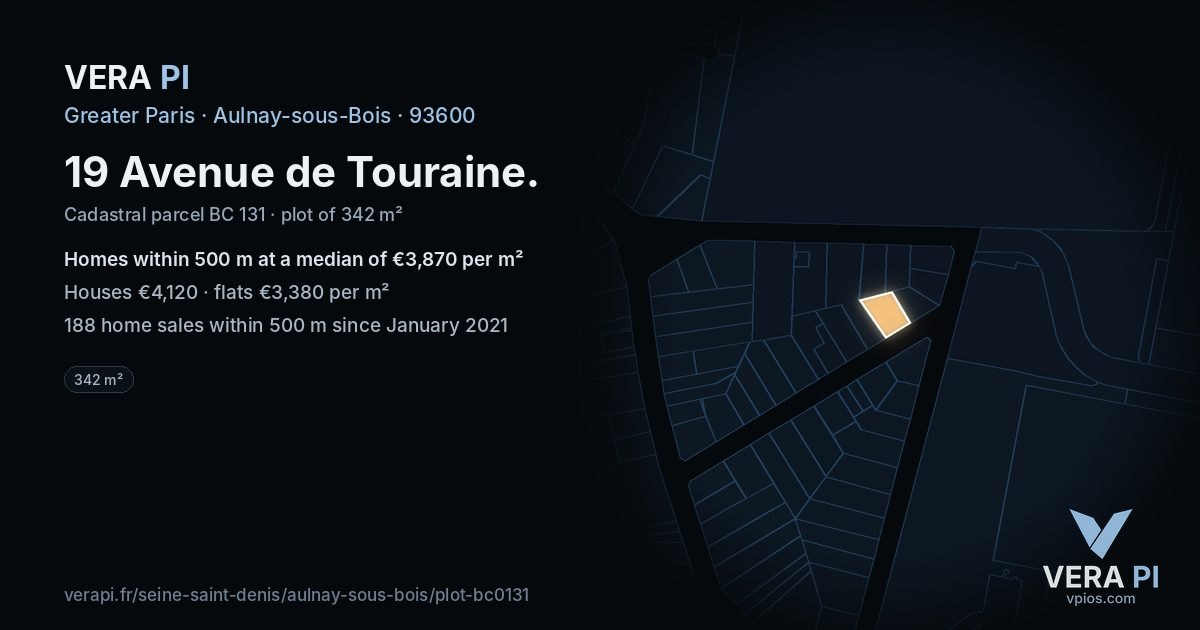 19 Avenue de Touraine, Aulnay-sous-Bois at night – the plot lit, the parcels around coloured by the prices near them